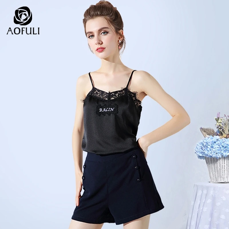 AOFULI L-XXXL 4XL 5XL женский топик Плюс Размер Регулируемое кружевное и вышитое атласное