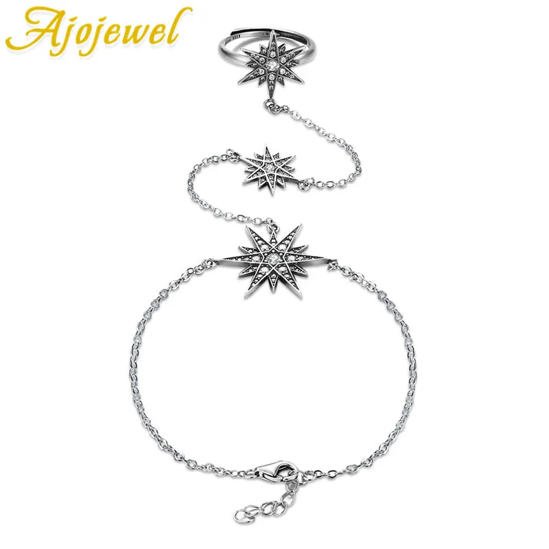 

Ajojewel Trendy Zirconia Shinning Stars Slave Chain Bracelet 925 Silver for Women Finger Hand Adjustable Chain Jewelry