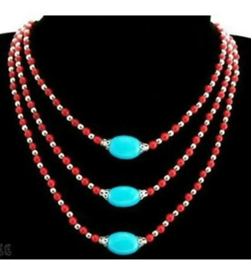 

Jew3019 3S Tibet style Tibetan Silver stunning turquoise&Red Coral beads Necklace