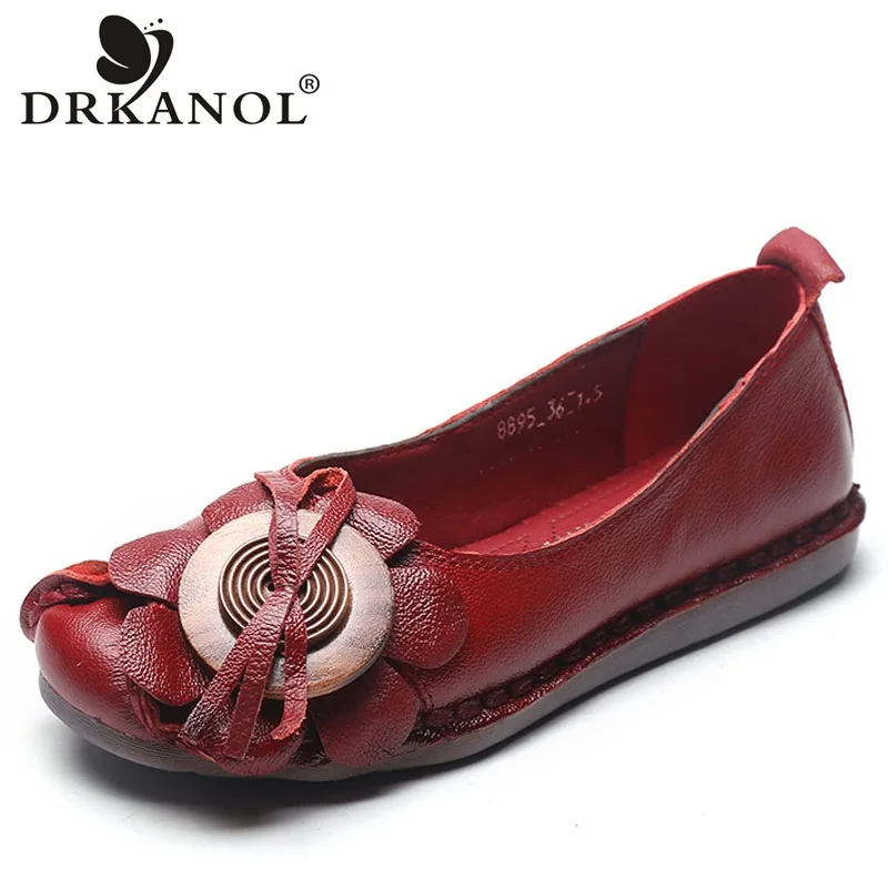 

DRKANOL Vintage Handmade Shoes Woman Slip On Loafers 2019 Genuine Leather Moccasins Flats Women Flat Shoes Female Footwear H8895