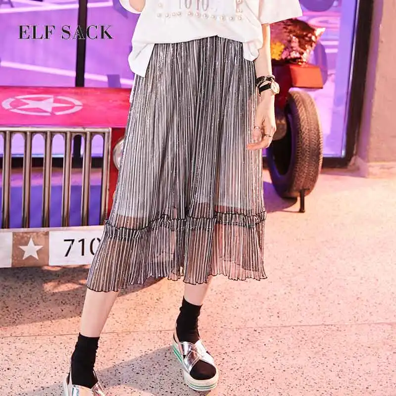 

ELF SACK Women Pleated Skirt Metal Color Yarn Long Skirts Womens See Through A-Line Vintage Ruffles Pleated Skirts Brand Cloth