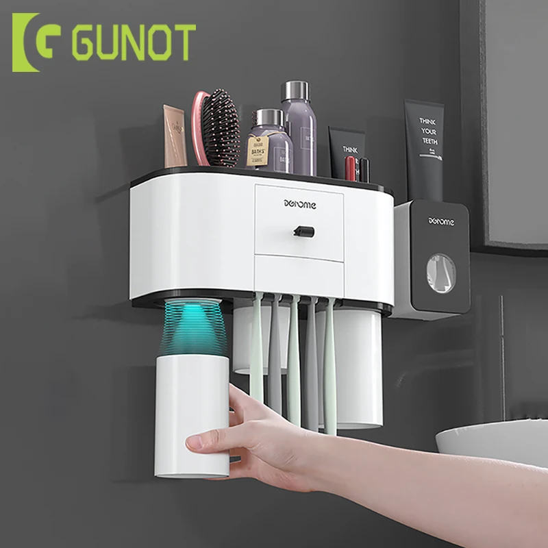 

GUNOT Magnetic Adsorption Toothbrush Holder Automatic Toothpaste Dispenser Wall Mount Storage Rack Bathroom Accessories Sets