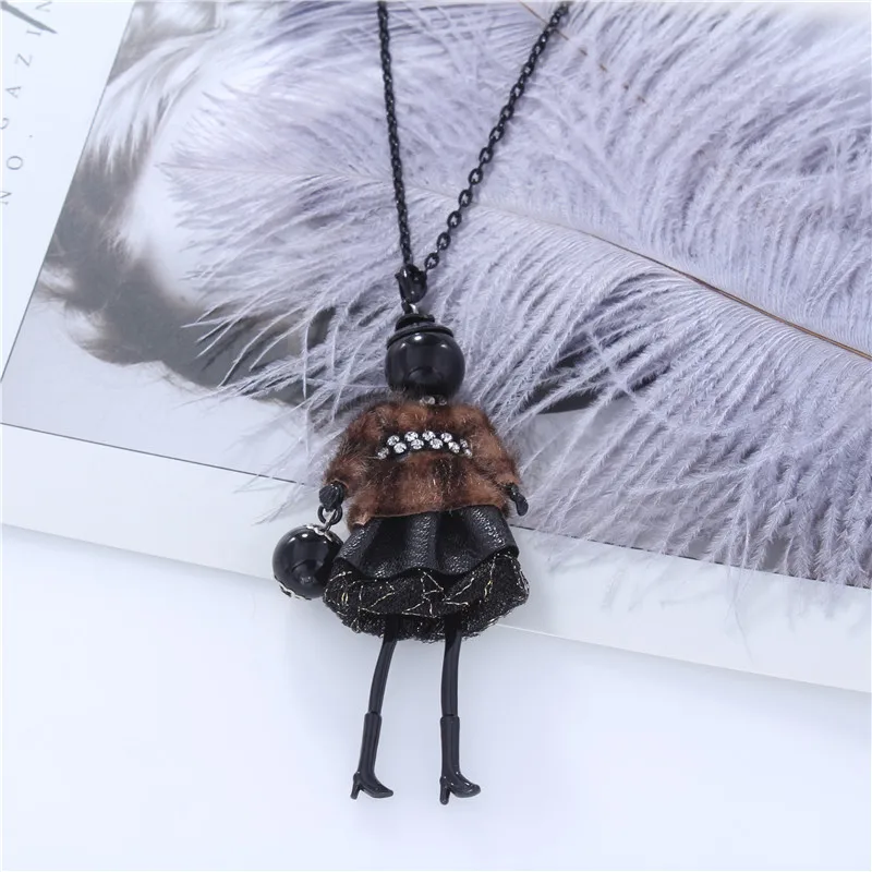 New Doll Necklace Women Feather Lace Skirt Black Alloy Pendants Necklaces Long Sweater Chain Charm Jewelry Party Gifts Collar
