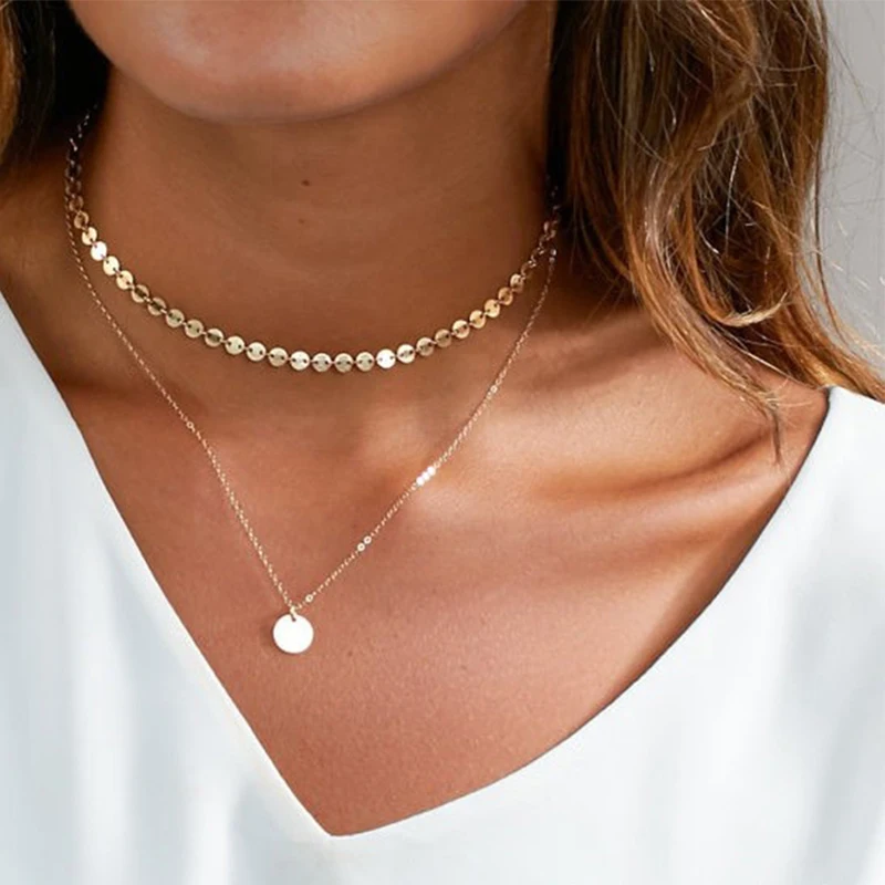 

FLTMRH Newest fashion jewelry accessories gold color Multiple layers sheet chain with crystal Necklace for couple lovers'