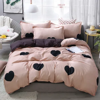 

Black heart home bedding set 3/4pcs bed linen set heart printed Duvet cover set classic bed cover sheet pillowcase camel bed set