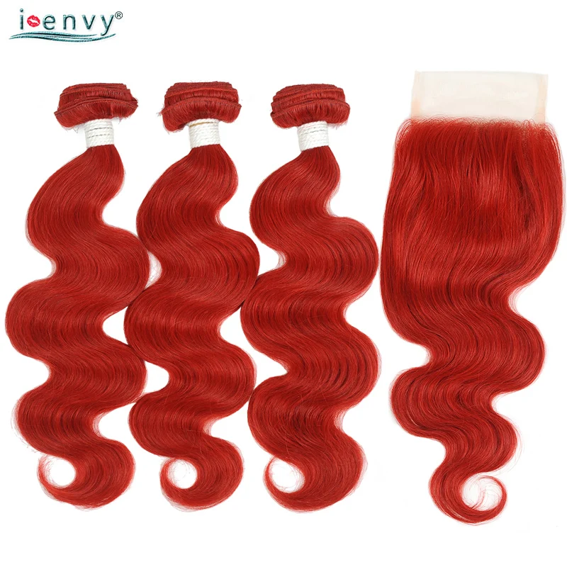 

Bold Red Brazilian Body Wave With Closure 3 Pre Colored Bundles With Closure 99J Human Hair Weave Bundles Non Tangle Non Remy