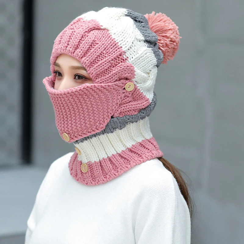 HT2081 зимние аксессуары для Для женщин толстые теплые маски шапки и шарфа Комплект вязаная шапка, шарф набор большой помпон зимняя шапка с