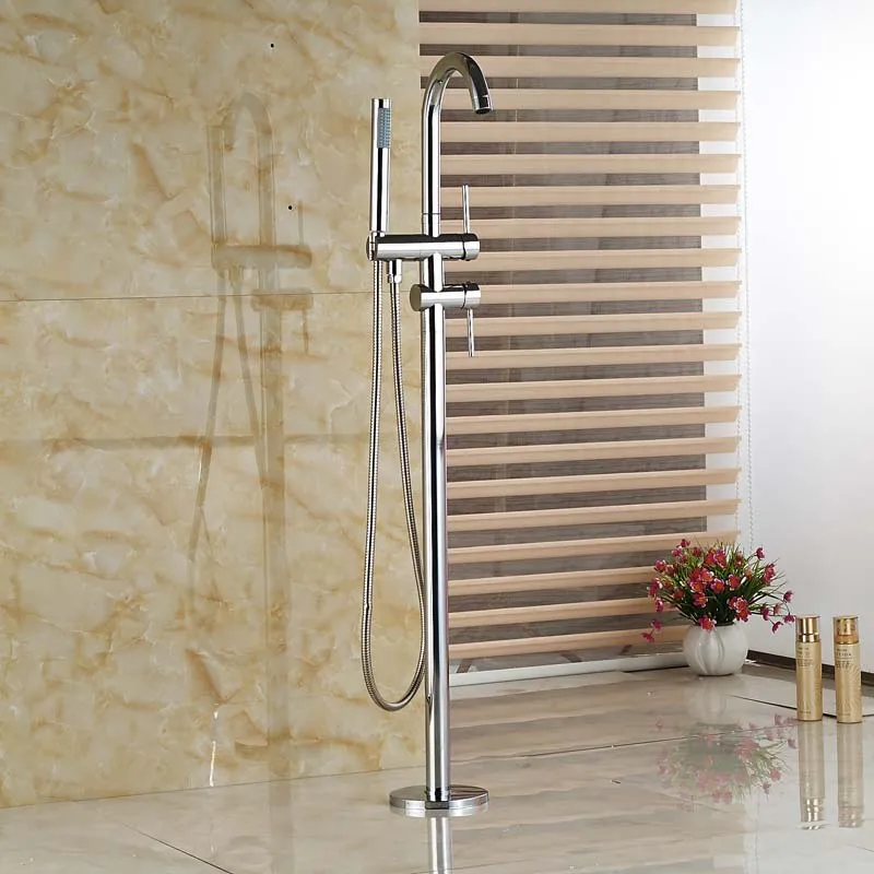 Single Handle with Diverter Floor Mount Tub Filler Faucet with Hand Shower Chrome Finish Freestanding
