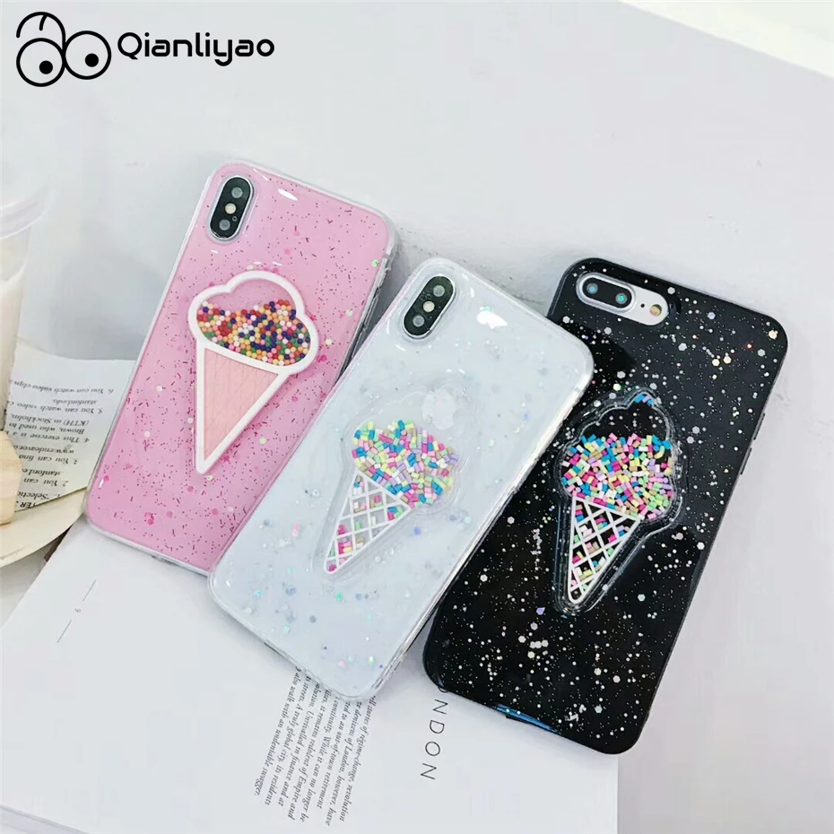 

Qianliyao 3D Dynamic Ice Cream Phone Case For iphone 6 6s 7 8 X XS Max XR Case Glitter Bling Soft TPU Cover Lovely Cartoon Cases