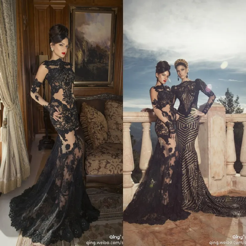 2017 Черный Русалка Вдохновил Вечернее Платье Выпускного Вечера с Sheer Перчатки