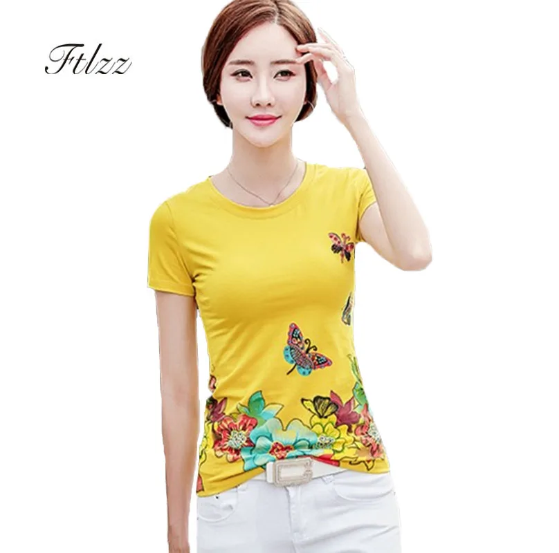 Summer Plus Size Tees Shirt Women Slim Short Sleeve O-neck Basic T-shirts Female Fashion Flower Print Diamond Casual Bts Tops | Женская