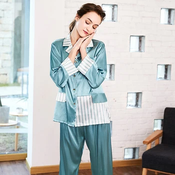 

SSH0208 High Quality Pajamas Women 2018 New Satin Silk Pajama Sets Spring Autumn Full Sleeves Two Pieces Sets Sleepwear Pyjamas