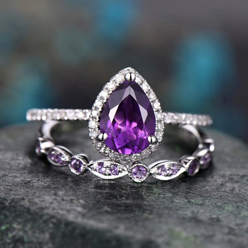 

Tisonliz 2pc Purple Crystal Rings Set For Women Water Drop Wedding Engagement Finger Ring Party Jewelry Gifts Dropship Wholesale