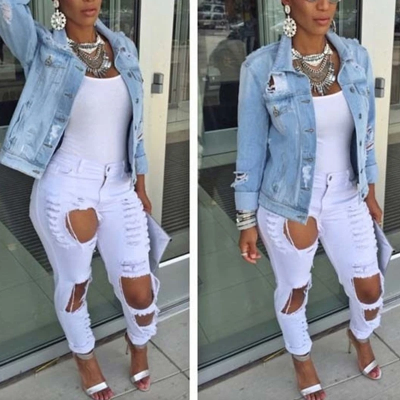 New  Bigsweety Denim Jacket Women Autumn Hole Coats Long Sleeve Jeans Jackets Lapel Tops Pocket Single B