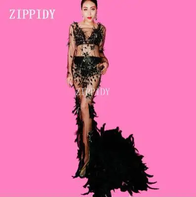 

Black Mesh Feather Train Crystals Dress Woman Evening Party Perspective Luxurious Long Dress Prom Celebrate Dress
