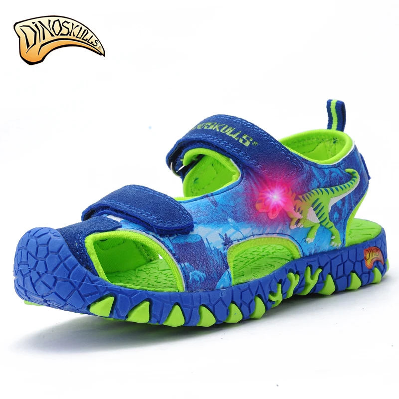 Dinoskulls/сандалии для мальчиков; светильник со светодиодной подсветкой; Летняя детская обувь с 3D рисунком динозавра; кожаные детские пляжные сандалии; коллекция года; противоскользящая светящаяся обувь