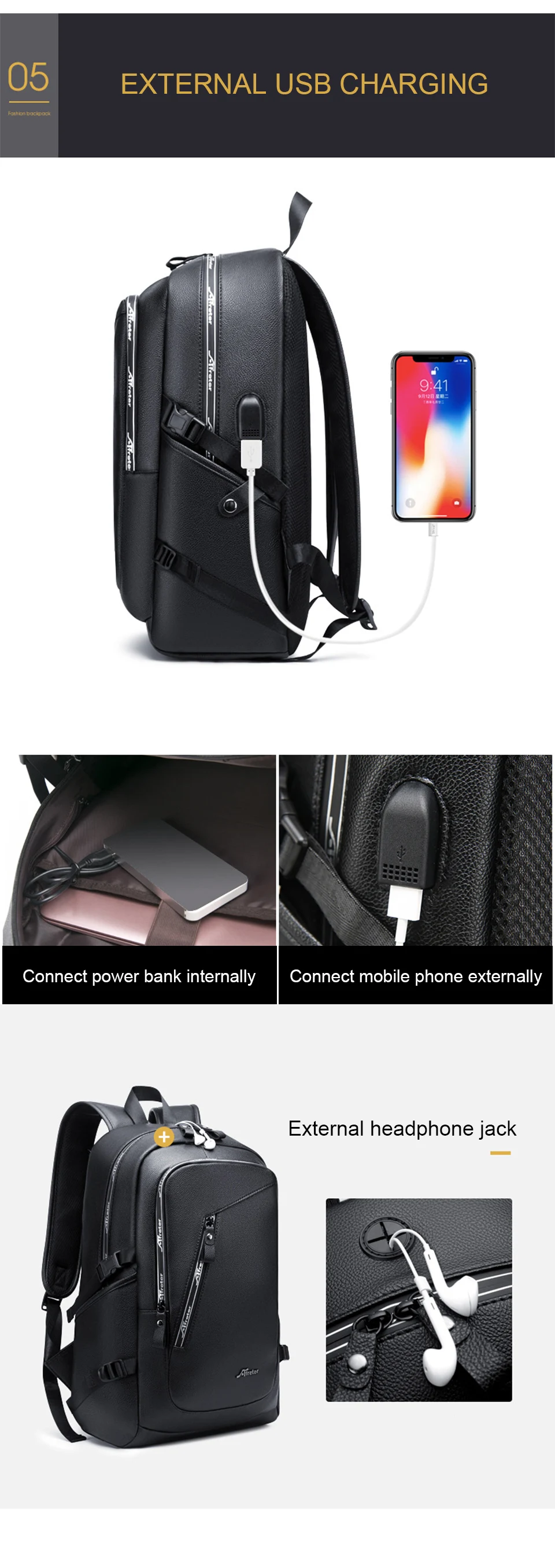 Leather Backpack Laptop 15.6 Inch Backpack Men Women PU Bagpack Waterproof USB Charging Smart Bag College Girls Boys Casual Bags (5)
