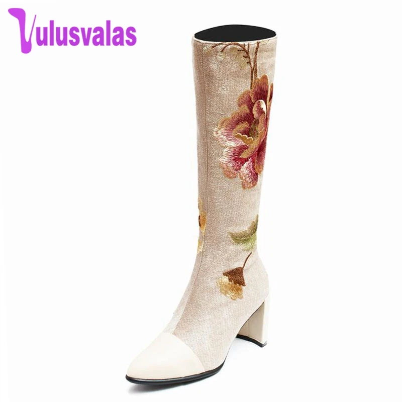 

Vulusvalas Women Winter Knee High Boots Genuine Leather Shoes Women Warm Fur Thick Heel Boots Embroidery Zipper Shoes Size 33-43