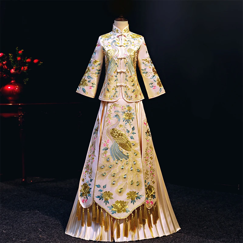 

Bride Chinese Style Cheongsam Wedding Evening Dress Vintage Womens Embroidery Long Qipao Party Dresses Clothing S - XXL