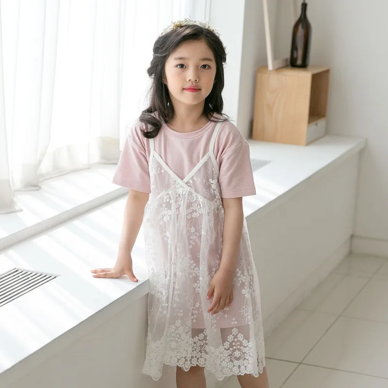 

2018 Kids Teenager Girls Summer Clothes Set 2pcs Suit Lace Tulle Suspender Dress And Shirt Drsss Young Girl Clothing Sets