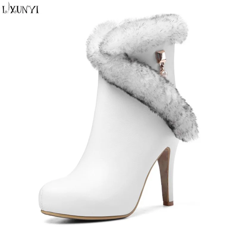 

LXUNYI 2018 New Cow Leather Ankle Boots for Women Real Fur 10cm Spike Heels Round Toe Side Zipper Platform Boots Snow Boots