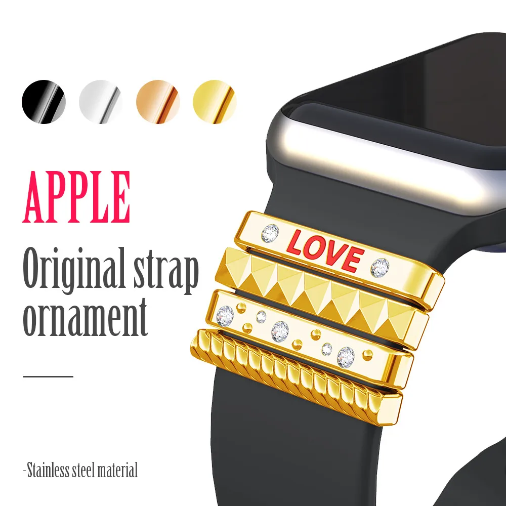 Popular Strap Ornament for Apple Watch Band 38mm Original Silicone Strap Stainless Steel Decorative Ring with \