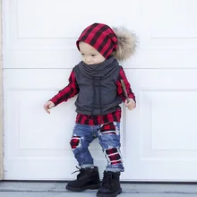 Marka yeni 2 parça Sert çocuklar erkek bebek ekose üstleri kazak T Shirt Denim delik Hip hop kot pantolon tayt 2 adet kıyafet giysileri