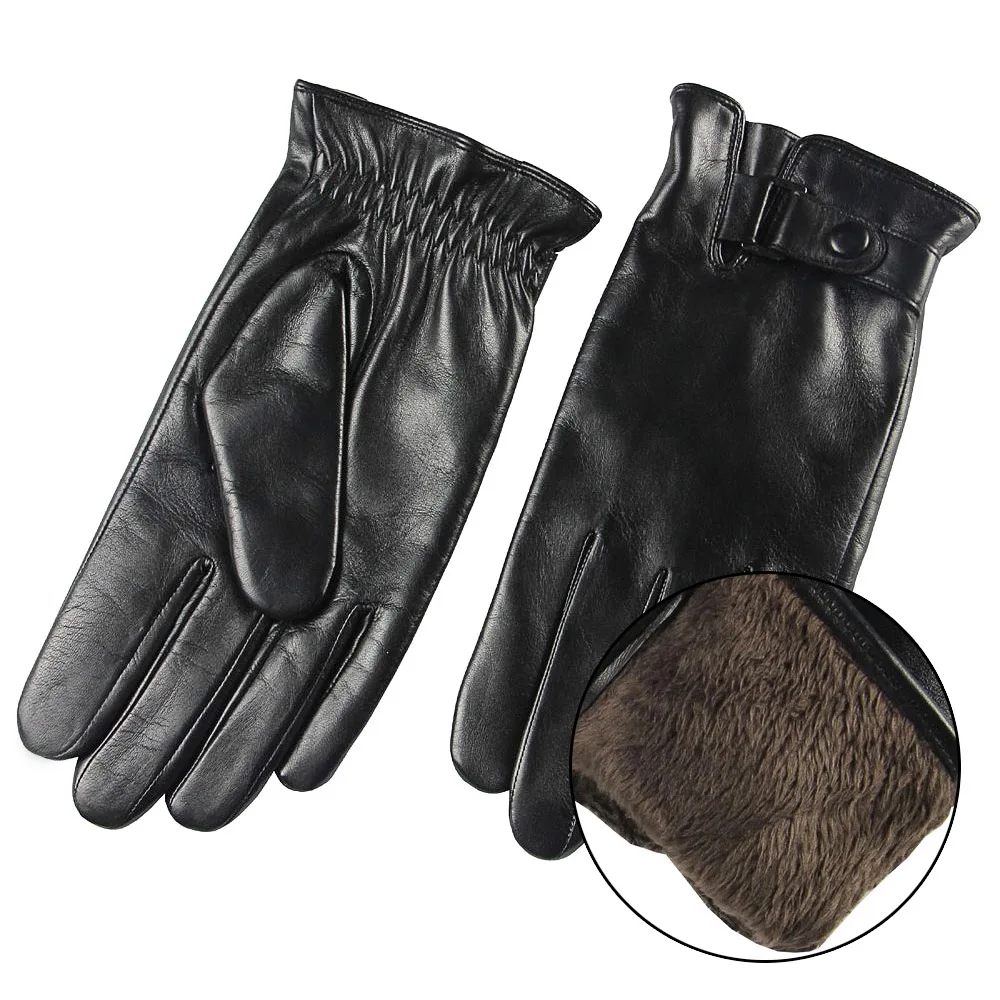 2019 New Men's Genuine Leather Gloves Male Autumn Winter Belt Button Plush Lined Black Lambskin Leather Gloves  M013NC-1