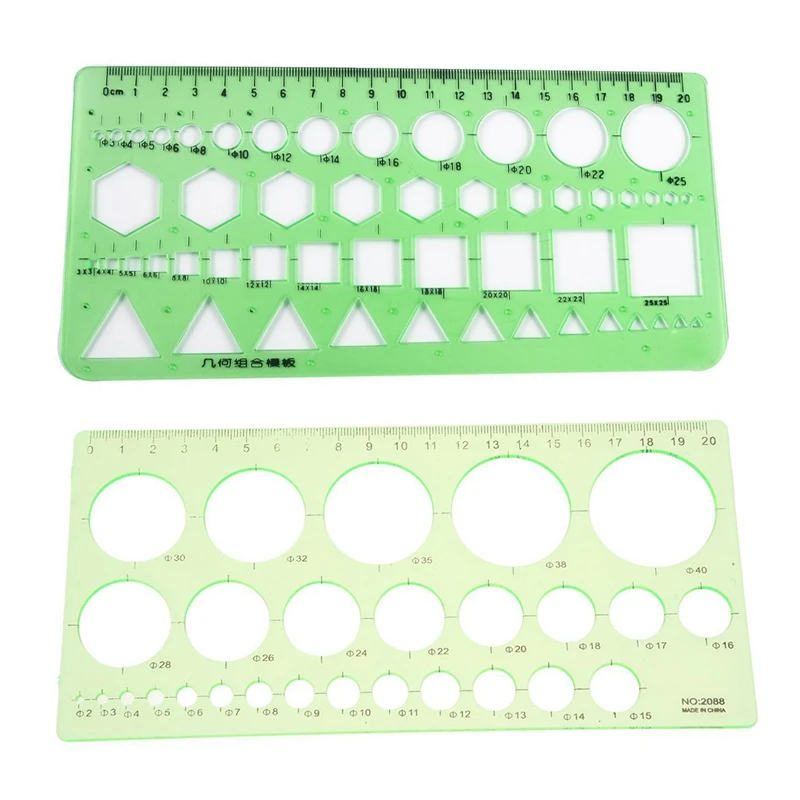 

Green Plastic Students Rectangle Shape Drawing Circle Template Ruler & Circles Squares Hexagons Geometric Template Ruler 0-20c