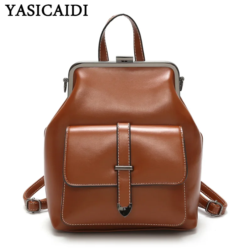 

YASICAIDI Luxury Oil PU Women Backpack Wear Resistant Rivet Decor Leather Crossbody Shoulder Bag Portable Tote Ladies Hand Bags