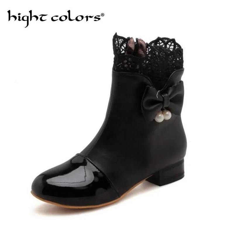 

2019 New Short Boots Sweet Bow Lace Pu Leather Boot For Women Black White Lolita Soft Sister Student Female Riding Boots