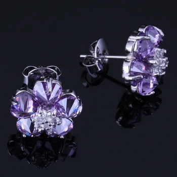 

Sweet Flower Purple Cubic Zirconia White CZ Silver Plated Stud Earrings V1043