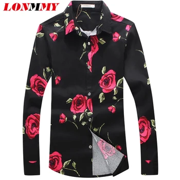 

LONMMY 5XL Floral men shirt long sleeve flower casual blouses shirts men dress slim fit camisetas Black White New 2018 Spring