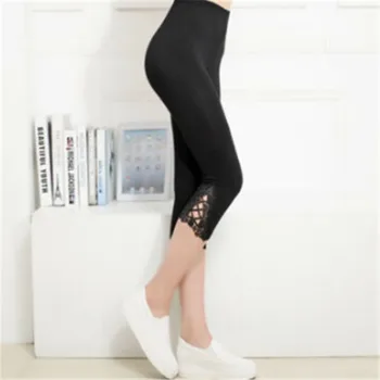 

Women One Size Cropped Leggings Sexy Lace Crochet Skinny Stretch Cropped Leggings Female High Waist Trousers Office Lady Pants