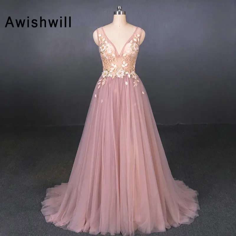 

Glamorous Women Long Evening Dresses V Neck Elegant Lace Appliques Tulle Backless Prom Party Dresses Formal Gowns