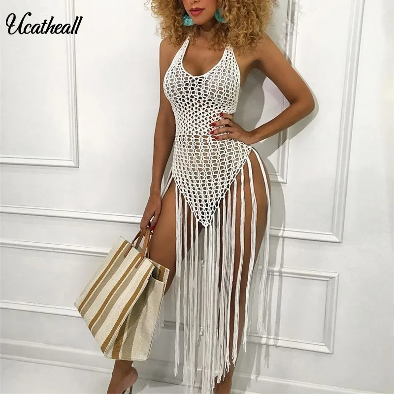 New Knit Crochet Cami Summer Beach Tassel Backless Top Women Hollow Out Halter Neck Fringe Tops Tees