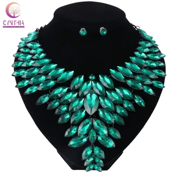 

Trendy Luxury Gem Flower Crystal Fashion Long Chunky Bib Pendants Vintage Big Maxi Statement Collar Necklace