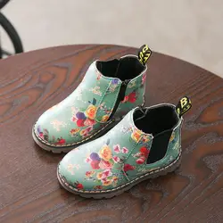 Сапоги для девочек 2018 новые осенние с цветочным принтом Модные ботинки на шнурках сапоги обувь для детей для девочек Теплые сапоги детские