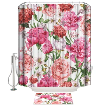 

Pink Peony And Rose Shower Curtain Bath Sets With Rugs Bathroom Mat With Shower Curtain 2 Piece Bathroom Set Waterproof Outdoor
