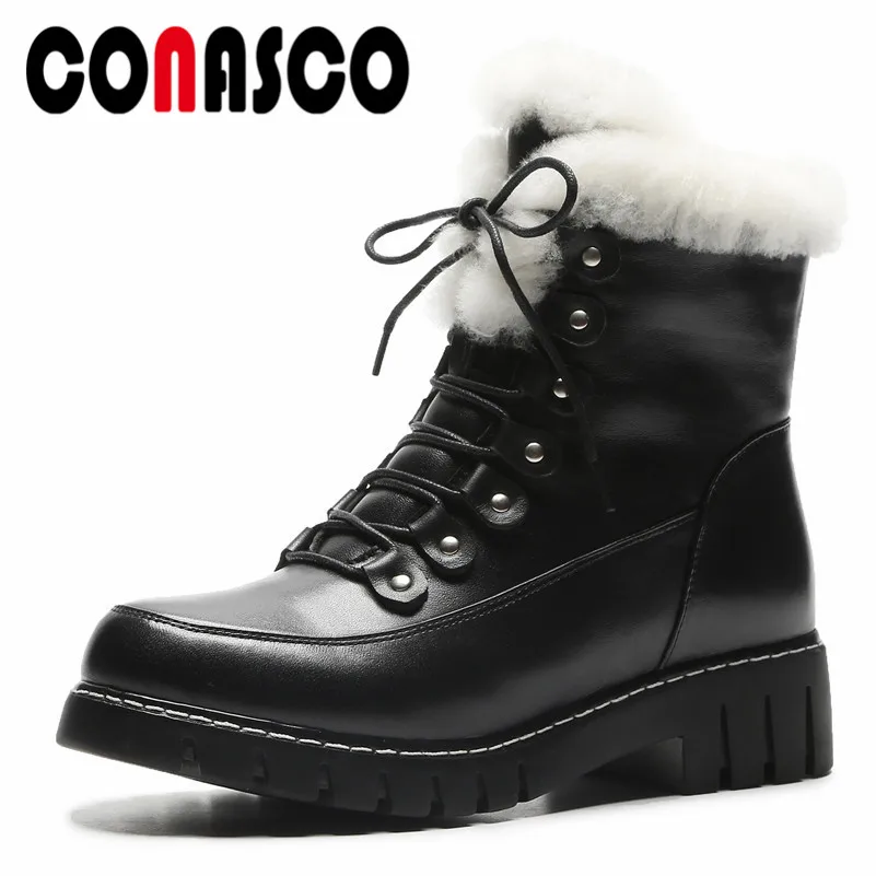 

CONASCO New Arrival Women High Heel Ankle Boots Cow Leather Motorcycle Boots Lace Up Square Heel Winter Snow Boots Martin Shoes