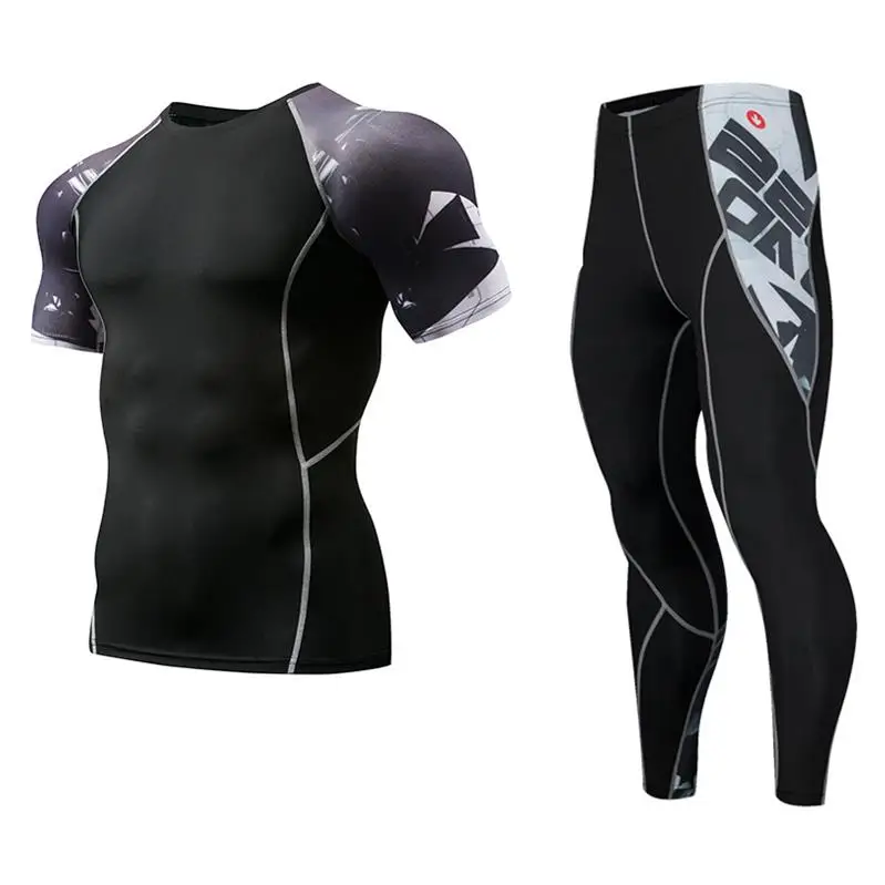 MMA мужские Компрессионные спортивные костюмы для бега спортивный комплект 3xl длинная футболка и брюки тренажерный зал фитнесс тренировочные трико одежда