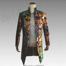 Новые мужские многоцветные принты с блестящими блестками Длинные костюмы певец из ночного клуба гость Главная сцена Одежда для выступлений