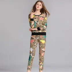 Цянь Хан Zi 2018 взлетно-посадочной полосы дизайнер толстовка костюм комплекты Для женщин с длинным рукавом Винтаж топ и брюки Leopard shell