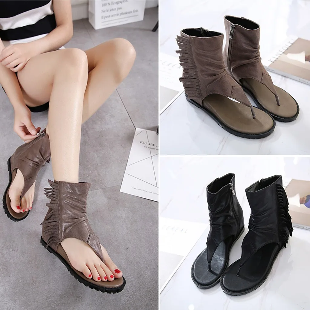 

Rome Women Thick Toe Boots Sandals Black Buckle Summer Cool Fringe Thong Shoes summer sandals women shoes woman flats