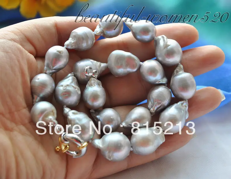 

FREE SHIPPING>@@> N404 21mm GRAY BAROQUE KESHI REBORN PEARL NECKLACE 16inch