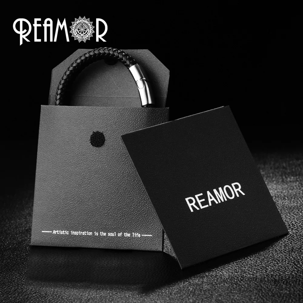Мужские Плетеные браслеты REAMOR из натуральной кожи черный бисер серебряного