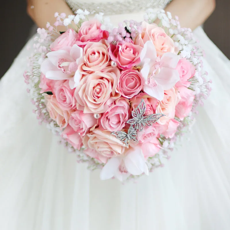 Us 1080 Iffo Custom Creative Traditional Pink Pink Orange Tones Bride Wedding Hand Holding Flowers Heart Shaped Korean Rose Bouquet In Wedding