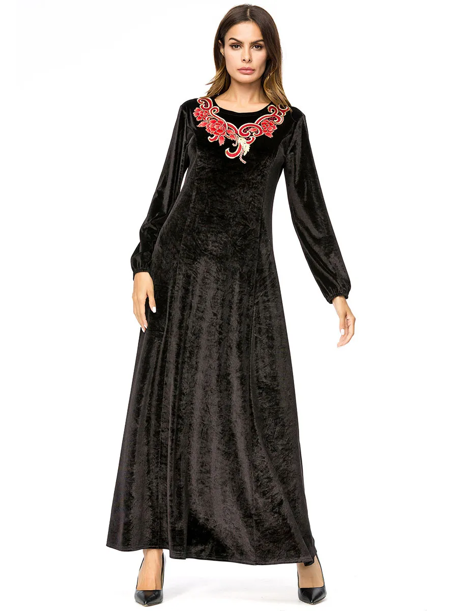 Исламское платье с длинным рукавом халат бархатный Дубай Стиль черный женский мусульманская одежда Дубай Абая джилбаб Дубай Стиль Женский