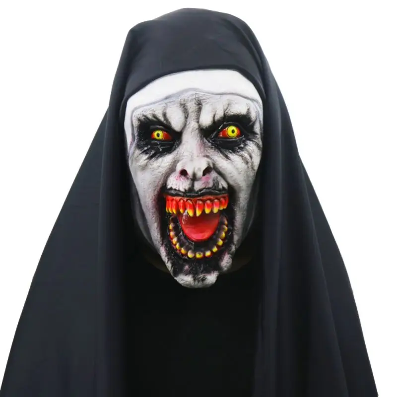 Scary Halloween Latex Nun Mask Horror Full Face Covered With Headscarf For Adults Children Cosplay Prank Props