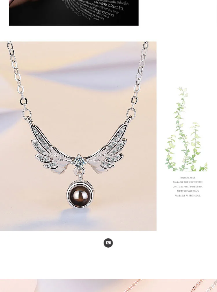Горячее ожерелье из стерлингового серебра 925 пробы для женщин Кристалл 100 языков I love you проекционное ожерелье с крыльями девушка мода ювелирные изделия